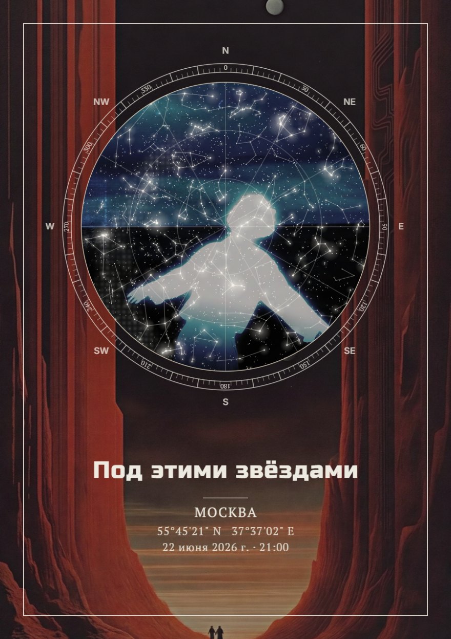 Звёздная карта в круге на фоне терракотовых скал и силуэта человека