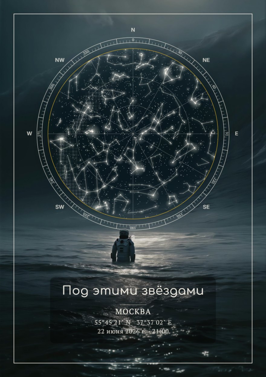 Звёздная карта с космонавтом в океане, круглым небом и подписью на тёмном фоне