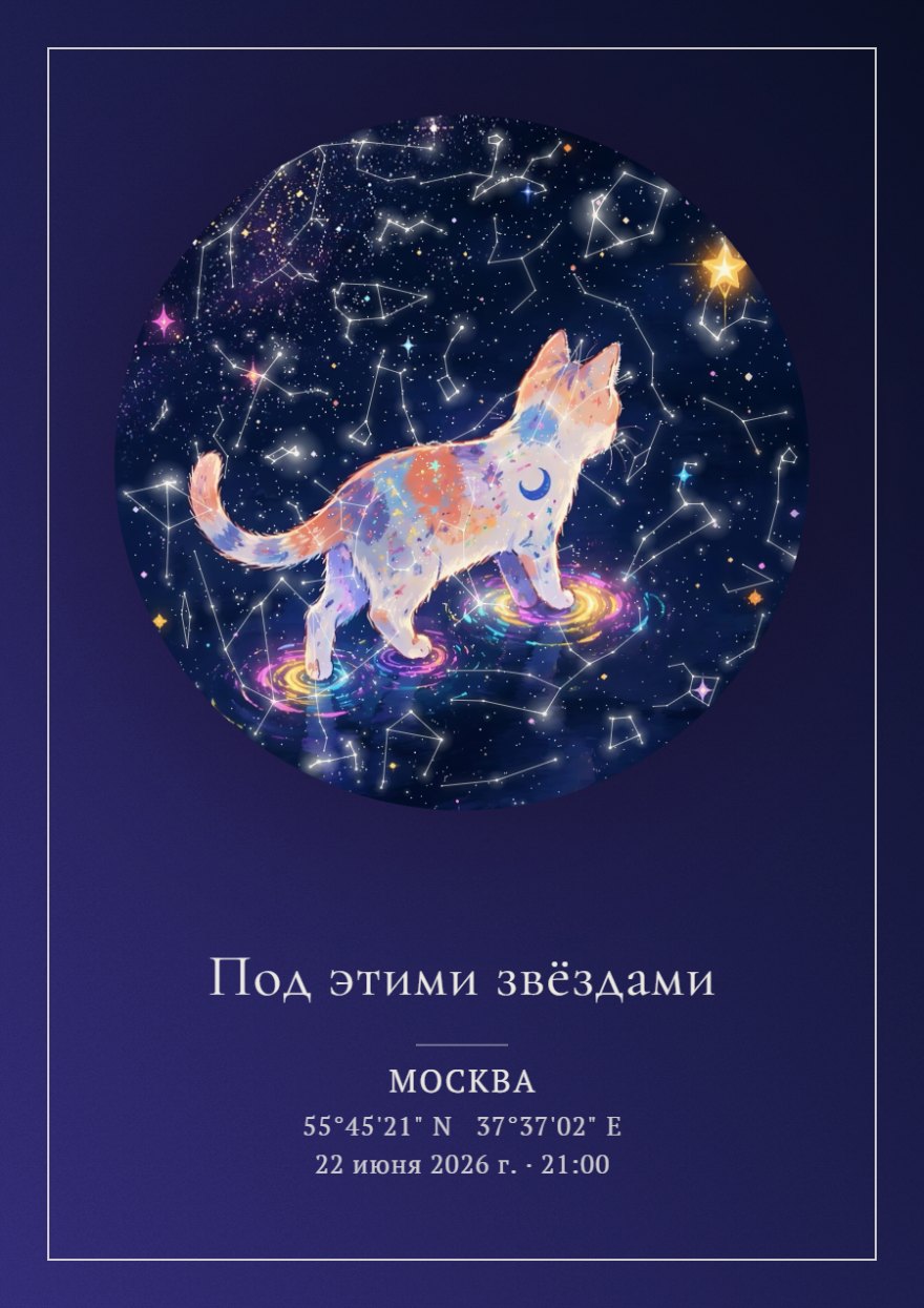 Звёздная карта с иллюстрацией кота внутри круга на сине-фиолетовом фоне с созвездиями