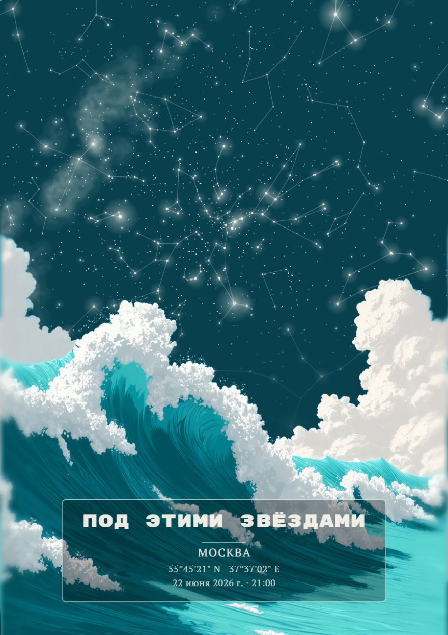 Звёздная карта с бурным морем и светящимися созвездиями на бирюзовом фоне