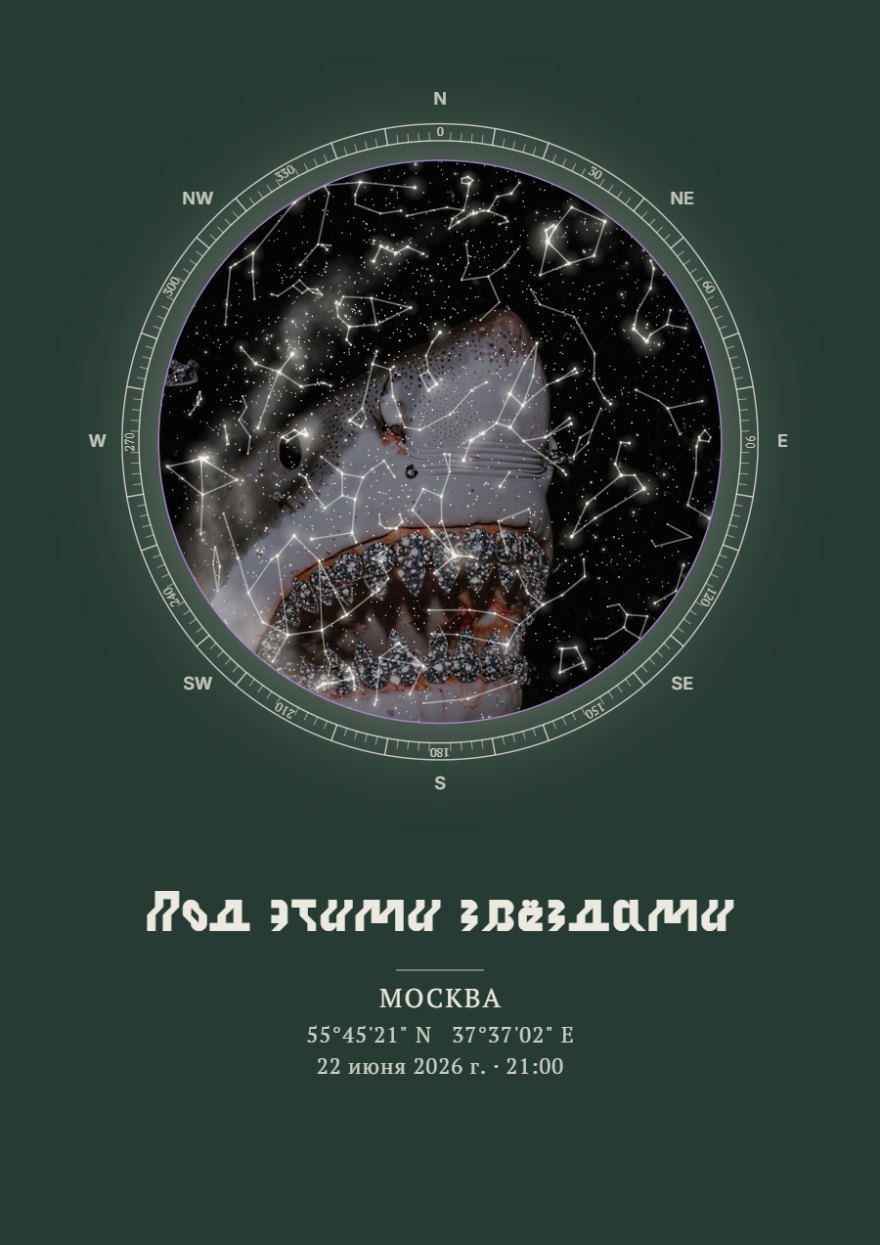 Тёмно-зелёная звёздная карта с компасом и созвездиями над фотографией