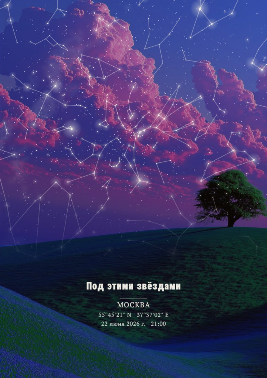 Звёздная карта с деревом на холме и розовыми облаками на фоне созвездий