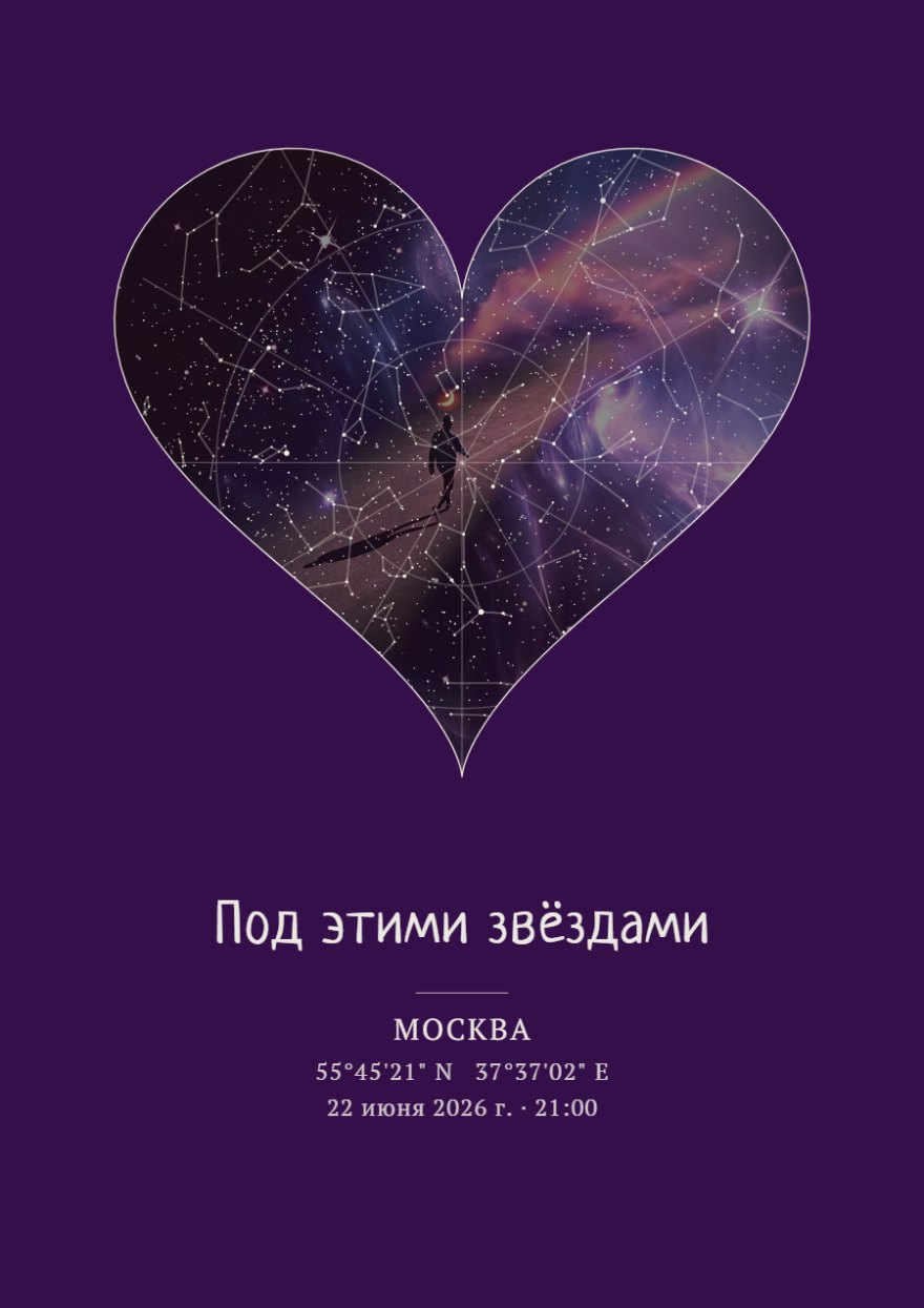 Звёздная карта в форме сердца на тёмно-фиолетовом фоне