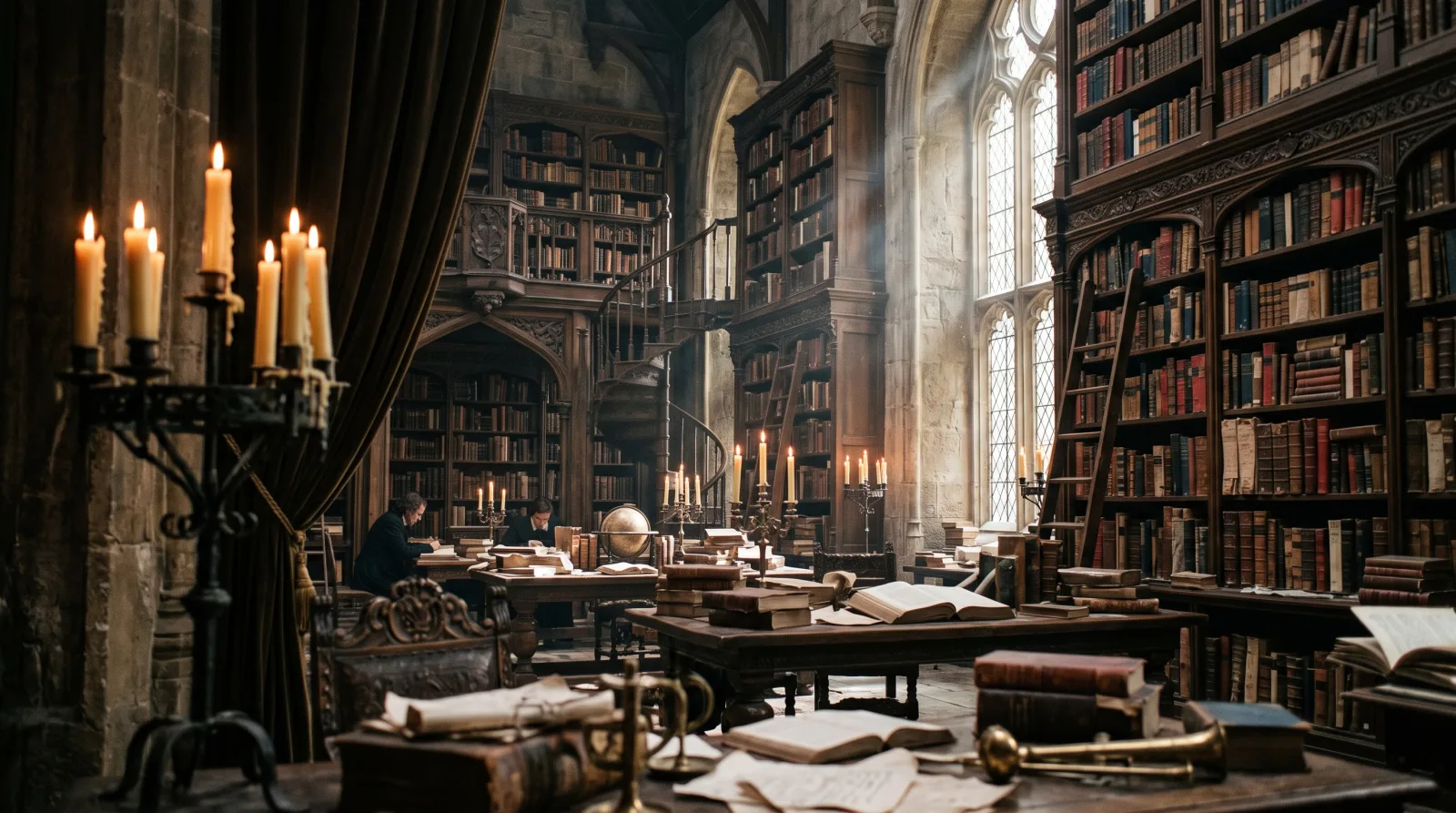 Атмосферный темный интерьер старинной библиотеки со свечами и книгами