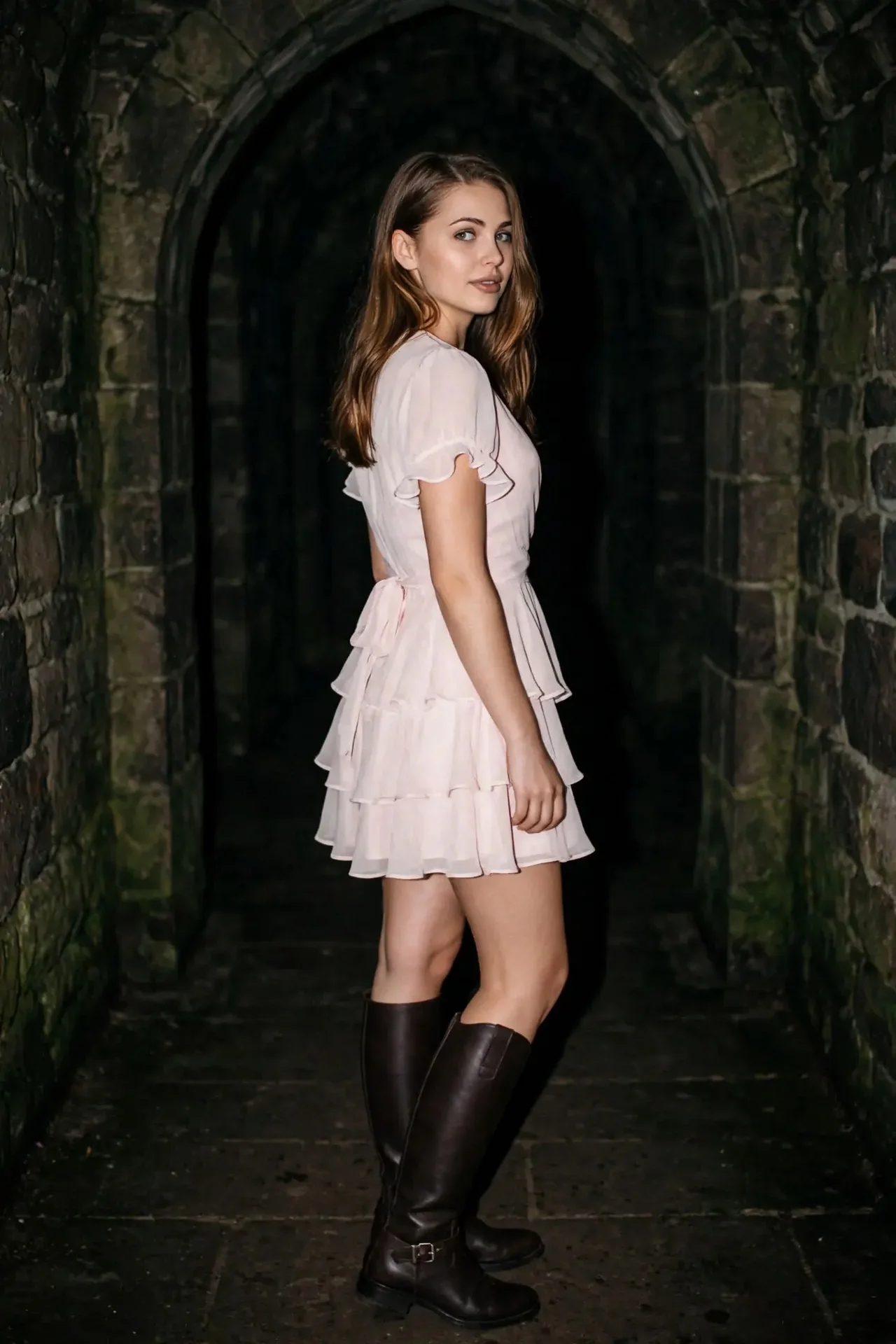 Девушка в платье оборачивается в каменной арке, фото