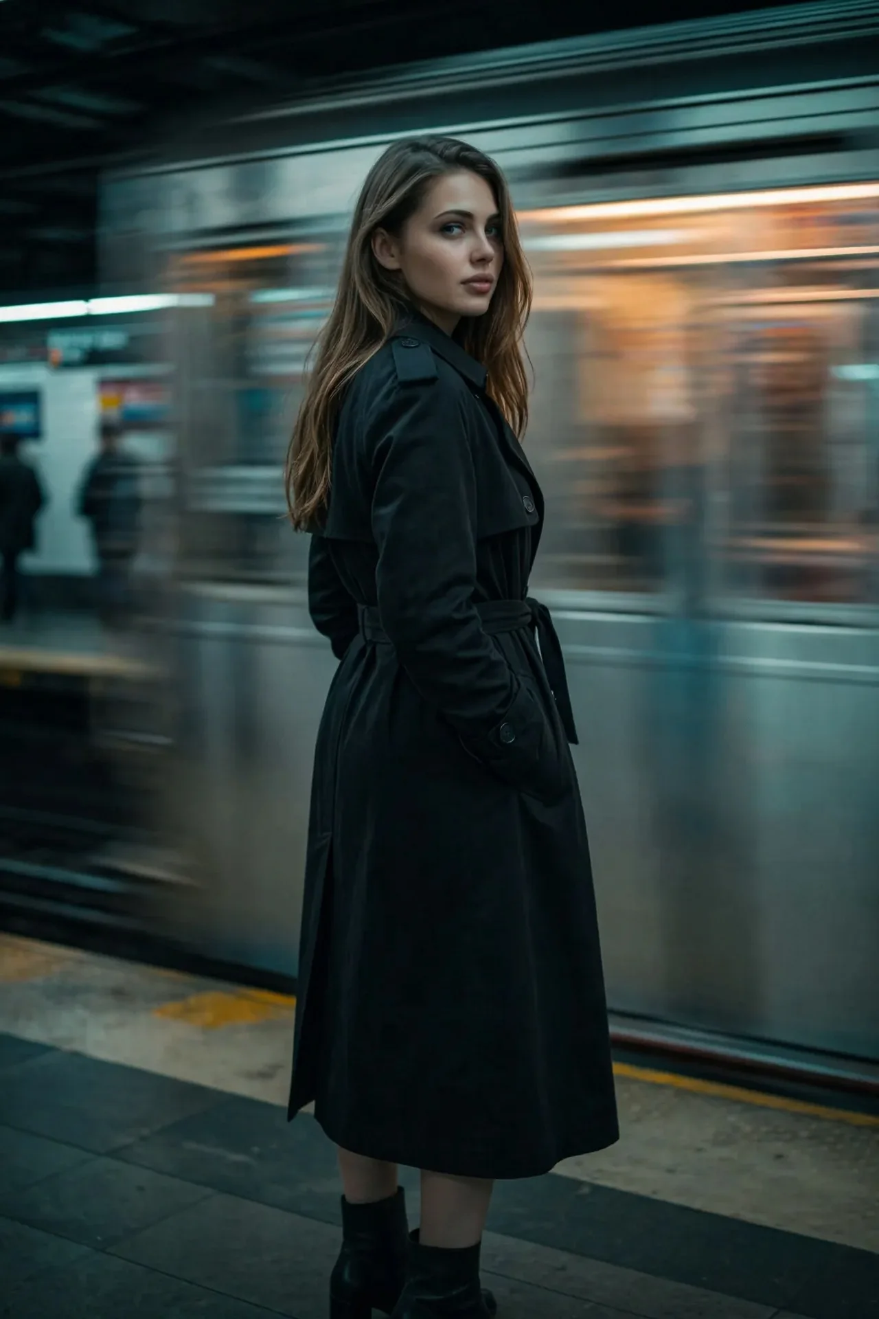 Женская фотосессия в стиле нуар в черном тренче на платформе метро