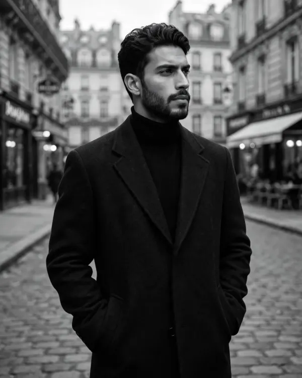 Черно-белое фото мужчины в классическом пальто на старинной брусчатке европейской улицы