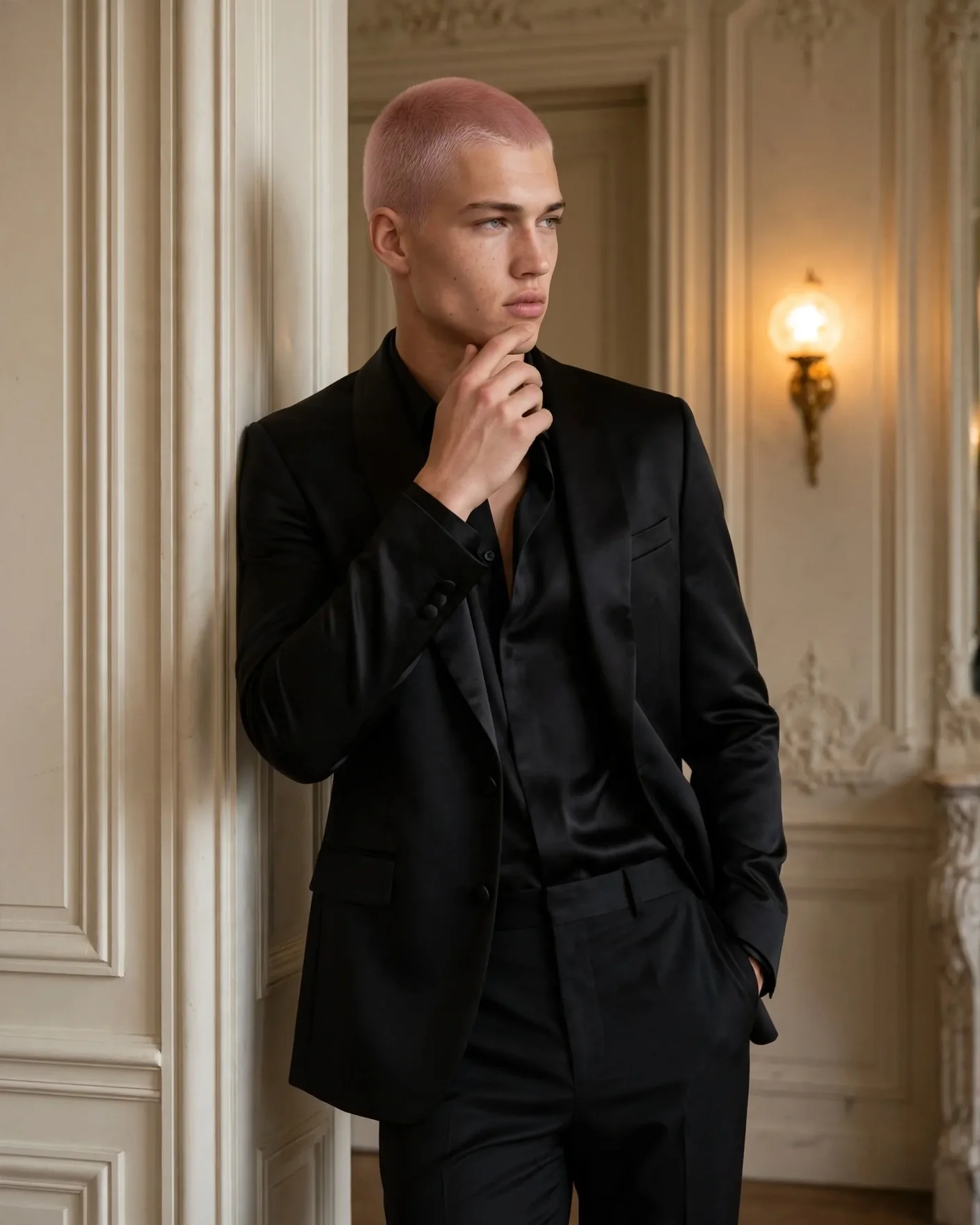 Мужской портрет Total Black Luxury в черном шелковом костюме на фоне классического интерьера с золотым бра фото