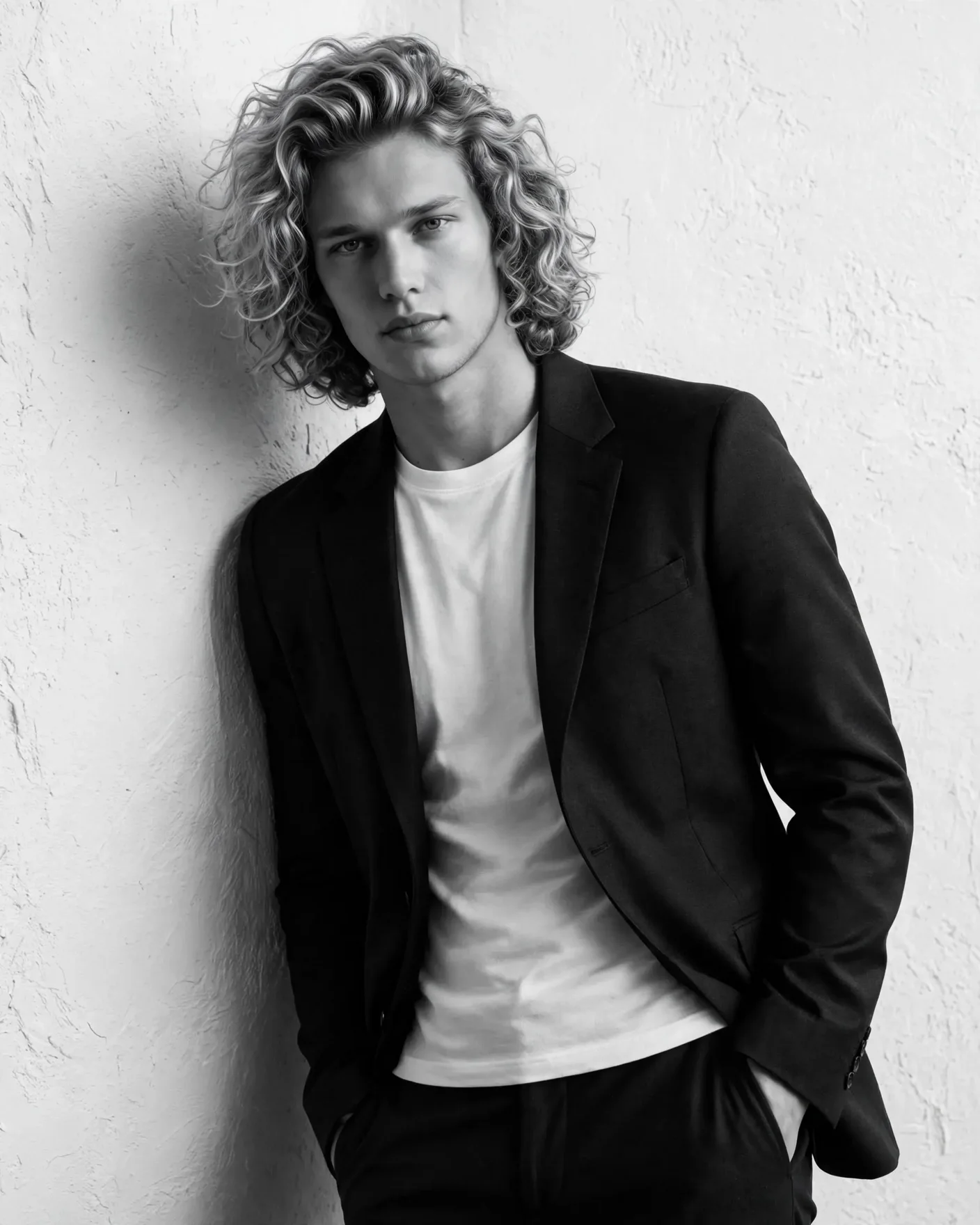 Мужской чёрно-белый портрет у белой стены в тёмном пиджаке фото