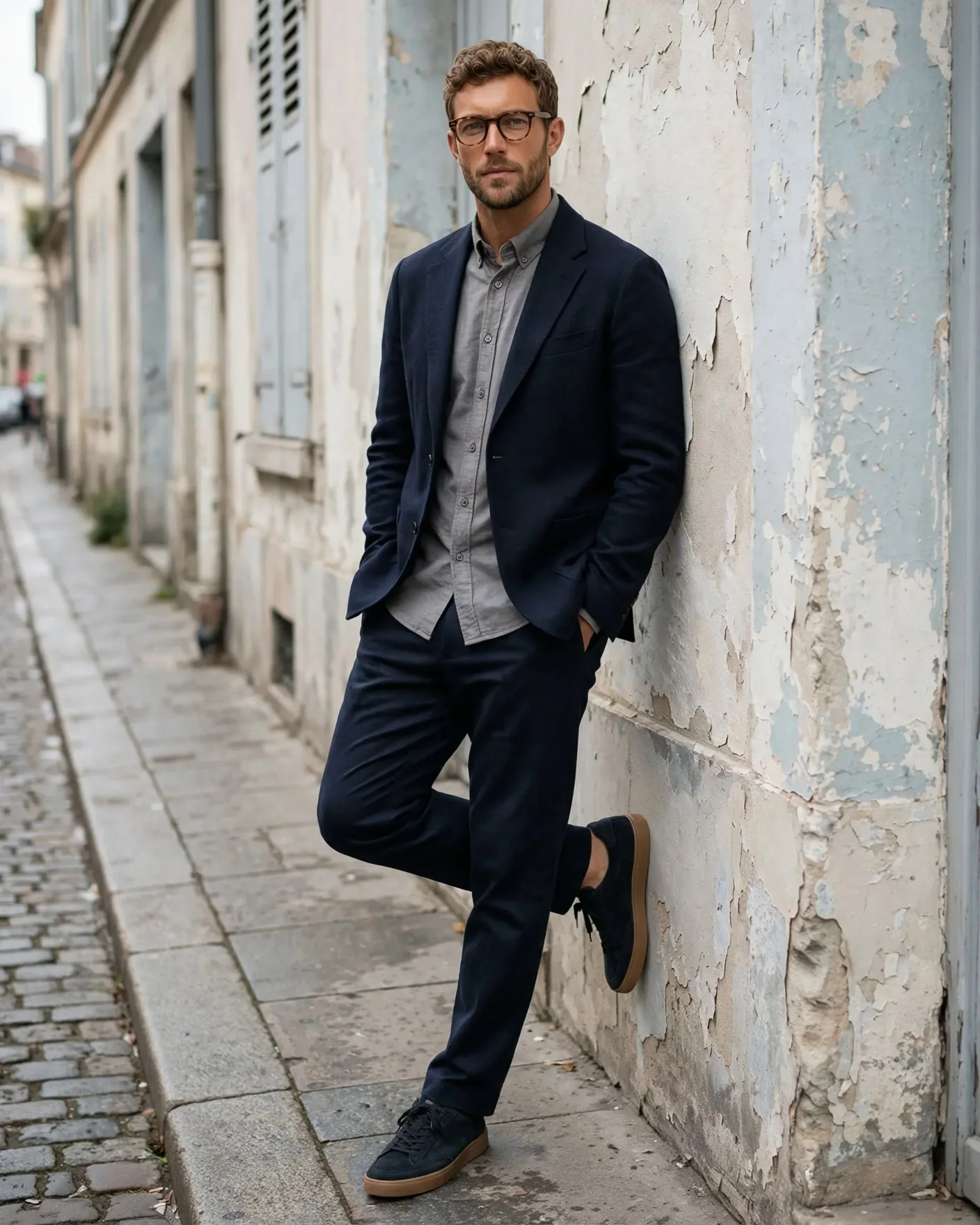 Мужское фото в стиле smart casual на европейской улице у фактурной стены