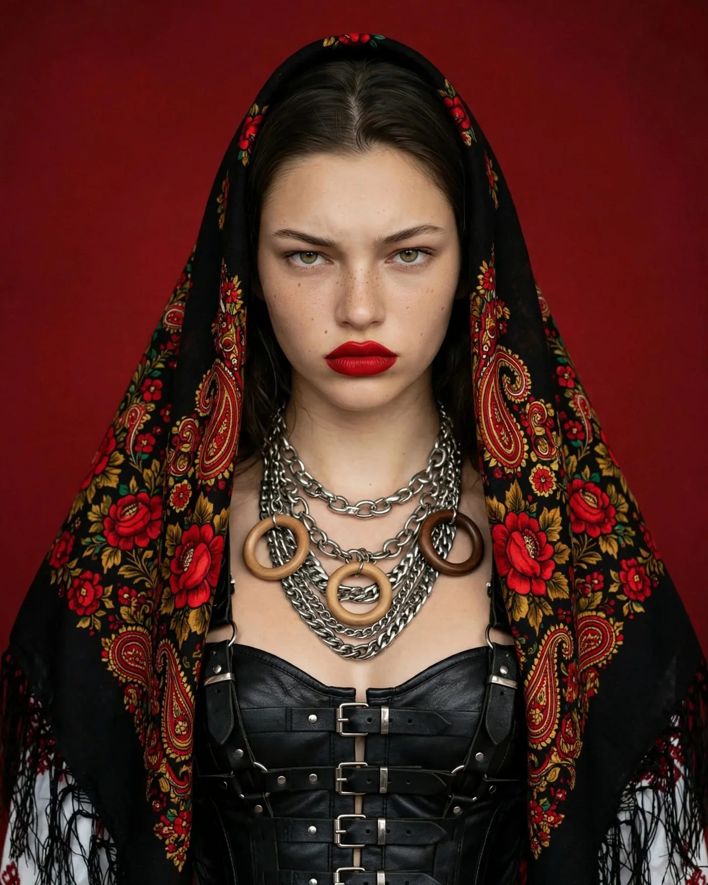 Портрет девушки в стиле славянский гранж в темном платке и цепях на красном фоне, фото