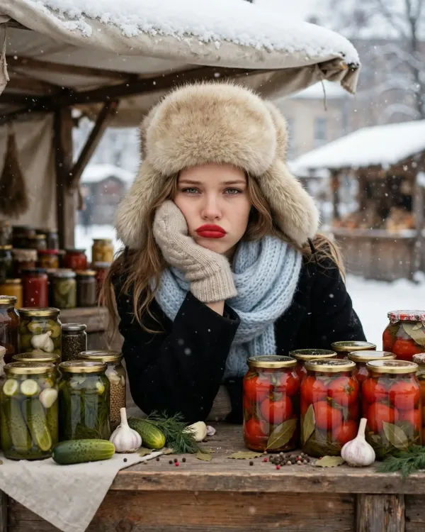 Девушка в ушанке на зимнем рынке