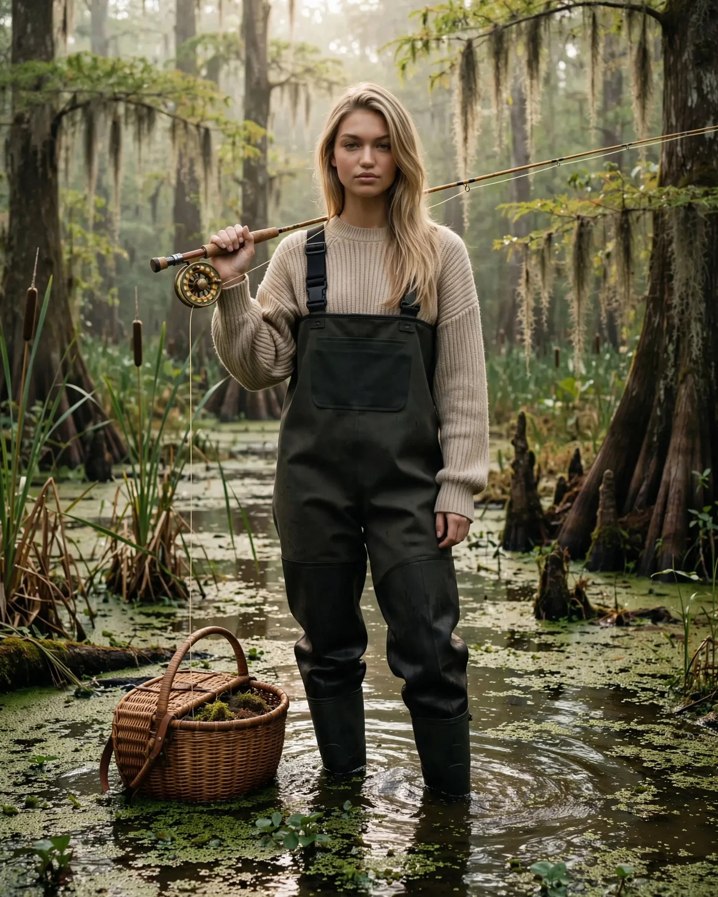 Девушка в рыбацком комбинезоне с удочкой на фоне болота в тренде swampcore фото