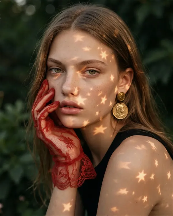 Фото крупного плана: девушка в красной перчатке со световыми звёздами на лице
