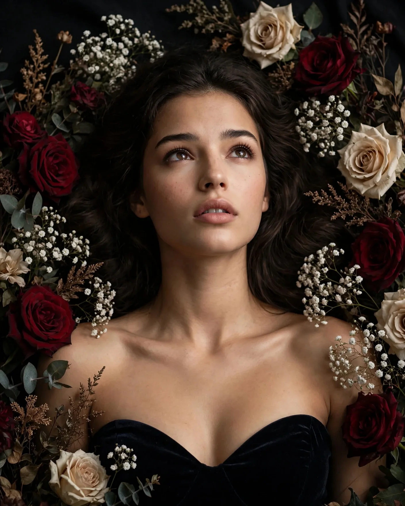 Арт-фото девушки в стиле dark romance в окружении темных роз