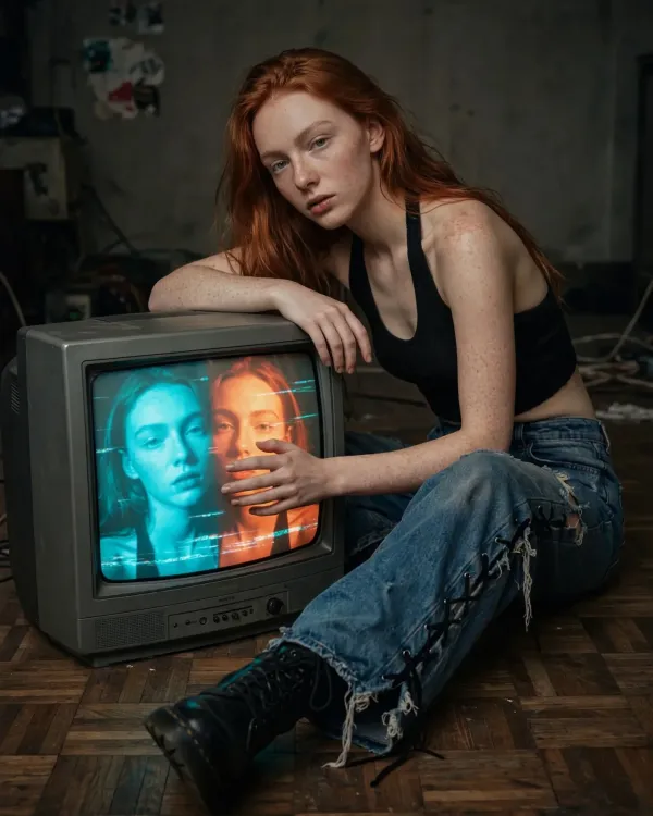 У винтажного телевизора на полу