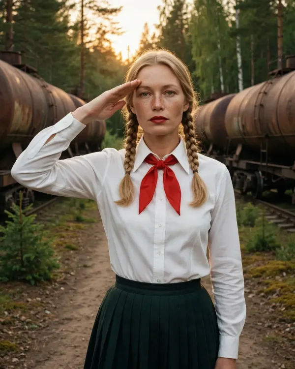 Девушка в образе пионерки отдает салют на фоне старых вагонов, фото