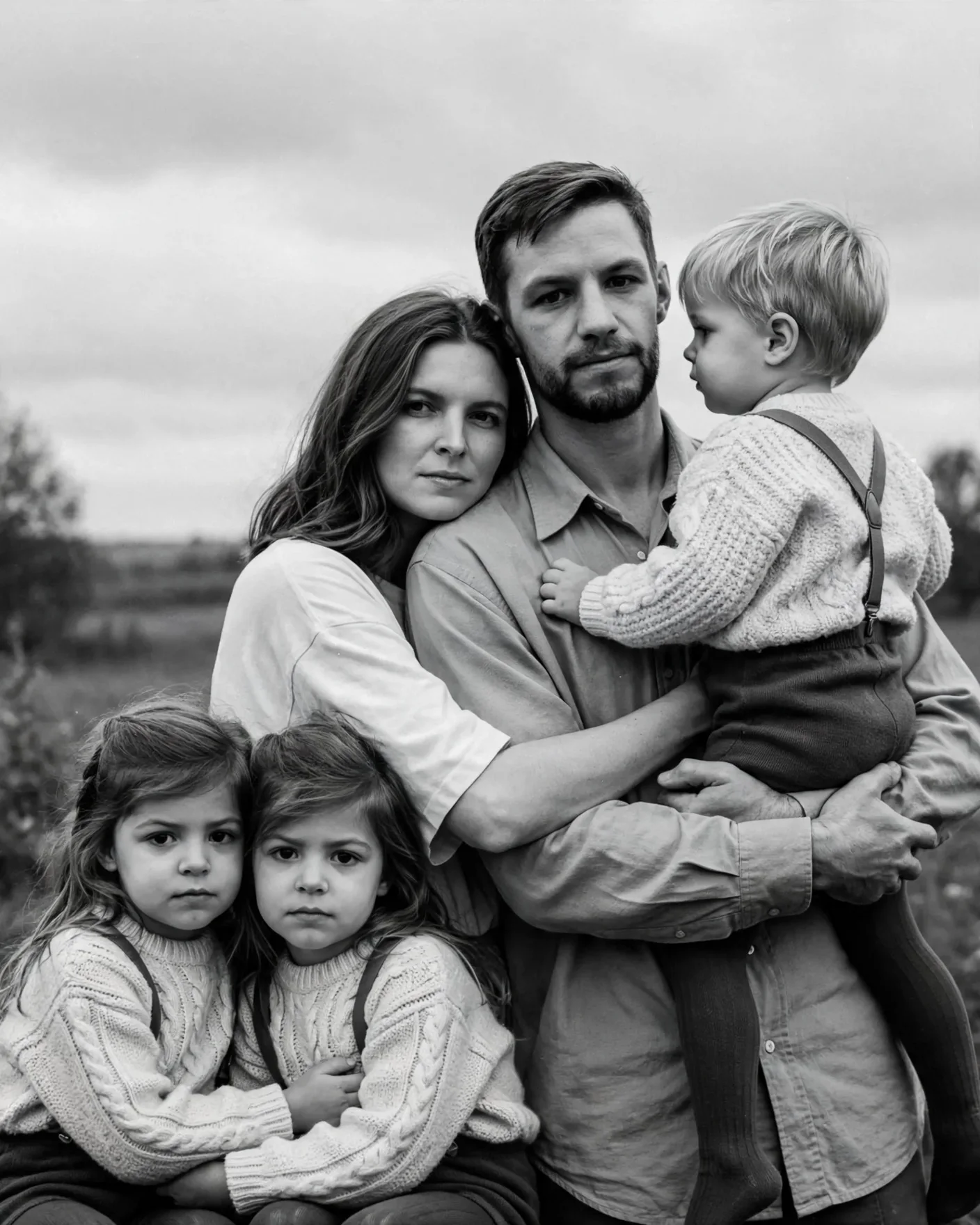 Семейный портрет на черно-белую пленку родителей с тремя детьми на природе