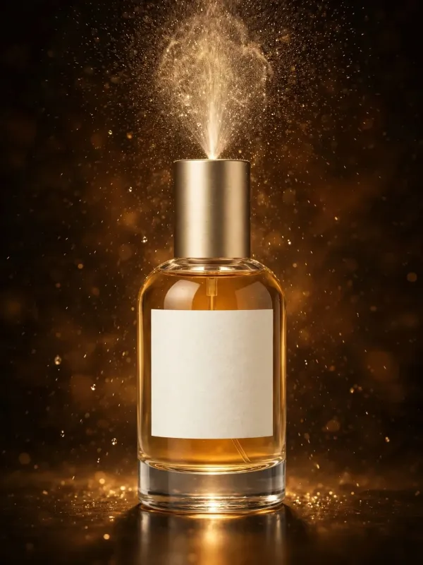 Фото духов в момент распыления с сияющим золотистым облаком микрокапель