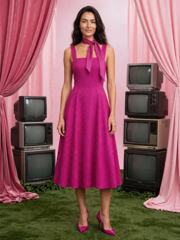 Фото модели в полный рост в розовом сарафане в горошек среди ретро-мониторов