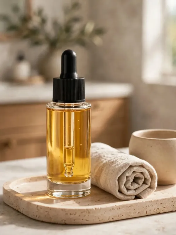 Флакон с маслом на каменном подносе рядом со льняным полотенцем, фото в утреннем свете