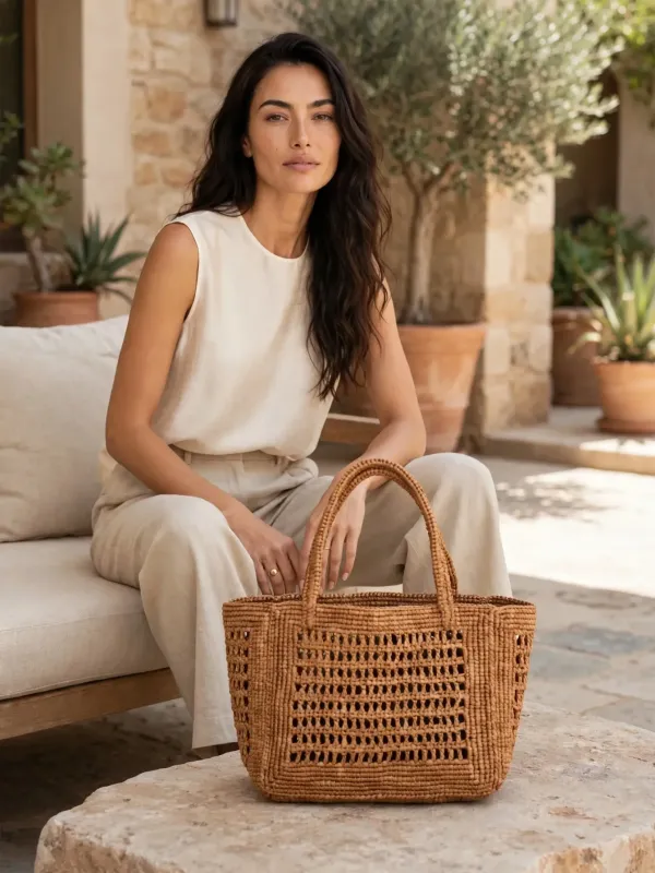 Модель на террасе рядом с плетёной сумкой на каменном столике, фото