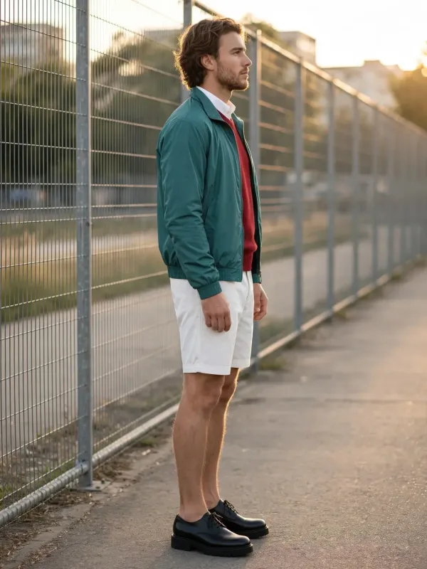 Боковое фото мужской одежды в полный рост на фоне сетки