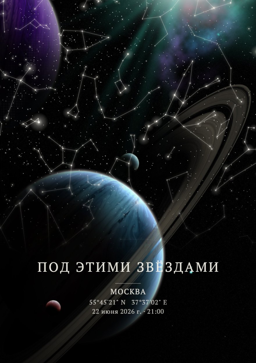 Звёздная карта с изображением Сатурна и Юпитера, линиями созвездий и персональной надписью Под этими звездами.