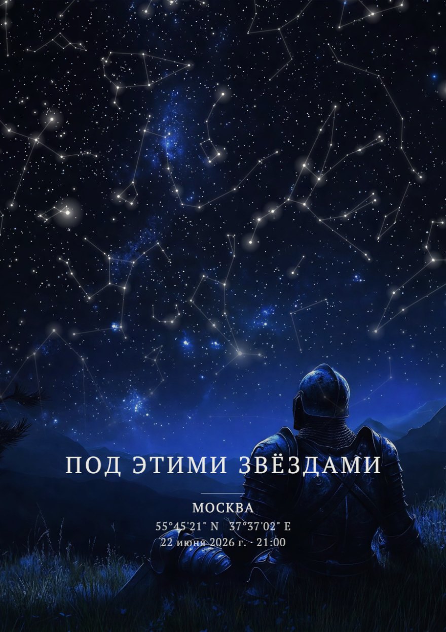 Звёздная карта с созвездиями на фоне ночных гор и силуэта рыцаря в синих тонах