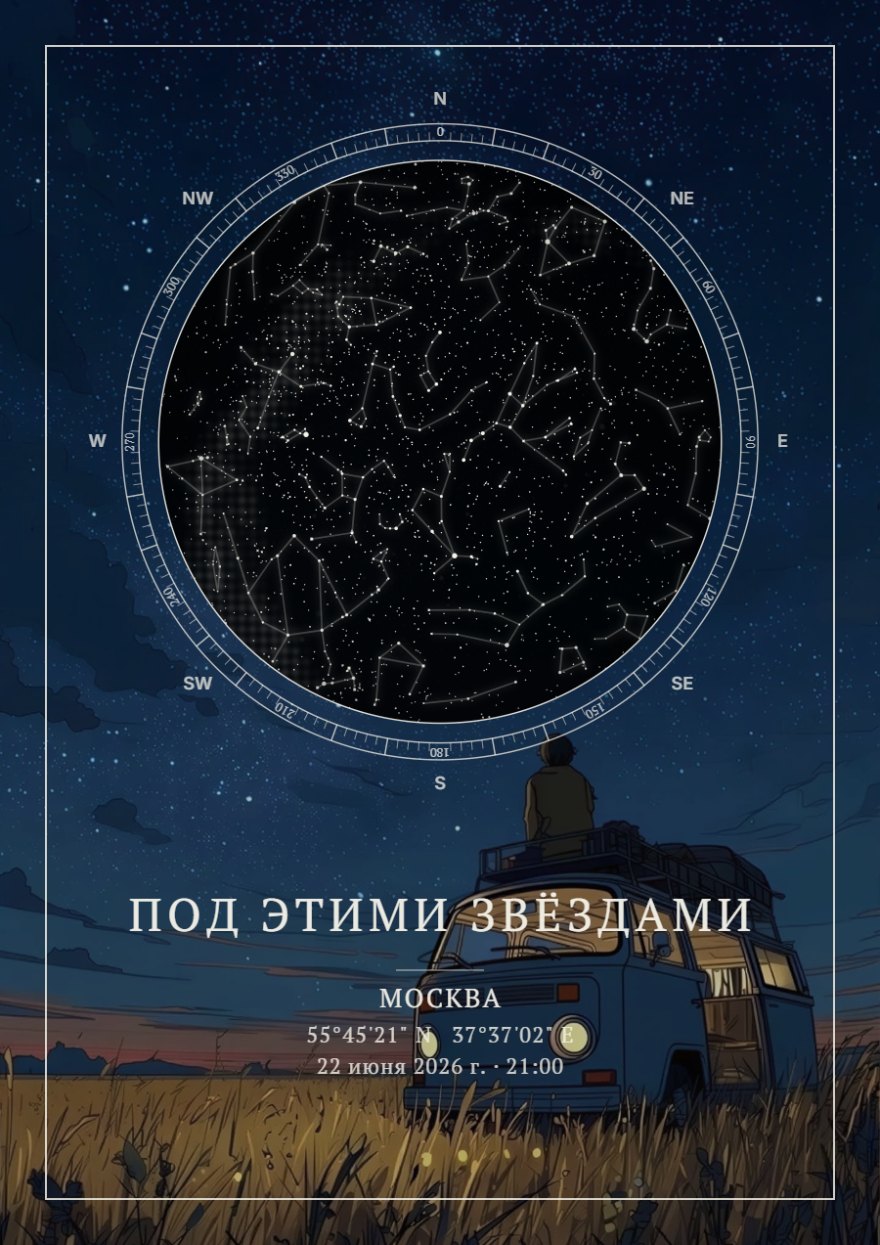 Звёздная карта с иллюстрацией синего фургона в поле и диском ночного неба над ним