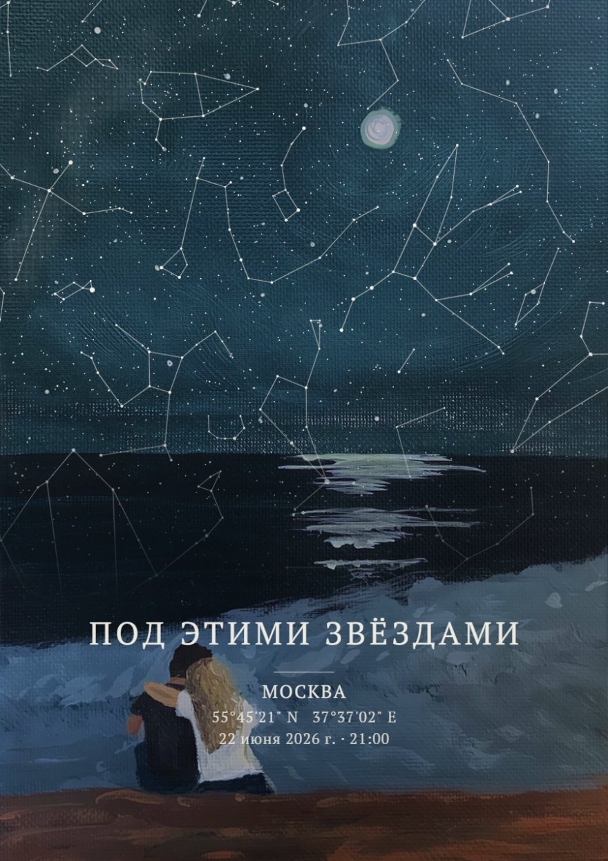 Персональная звёздная карта с парой на берегу моря и линиями созвездий на ночном небе