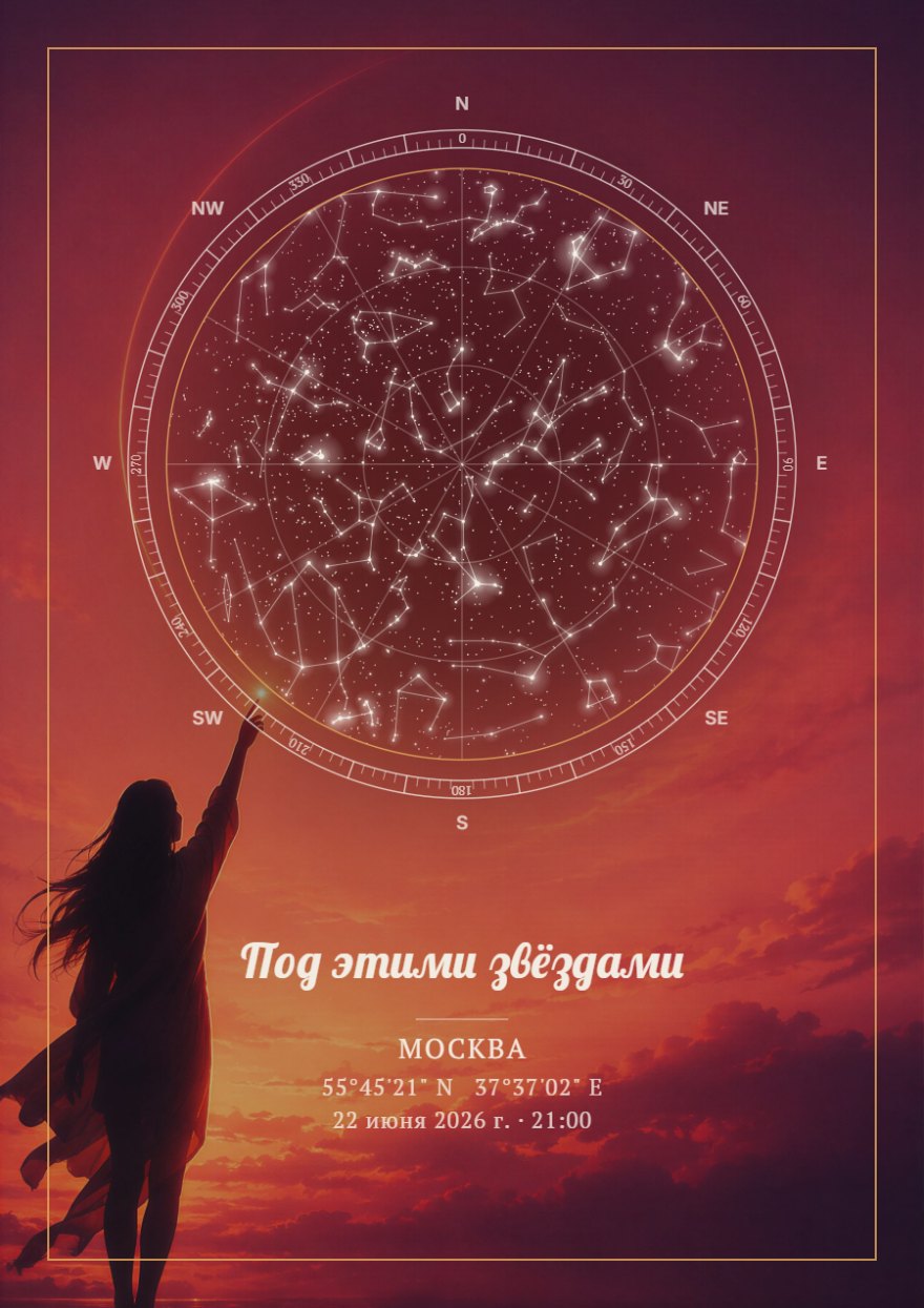 Звёздная карта в круге на фоне красного заката с силуэтом девушки