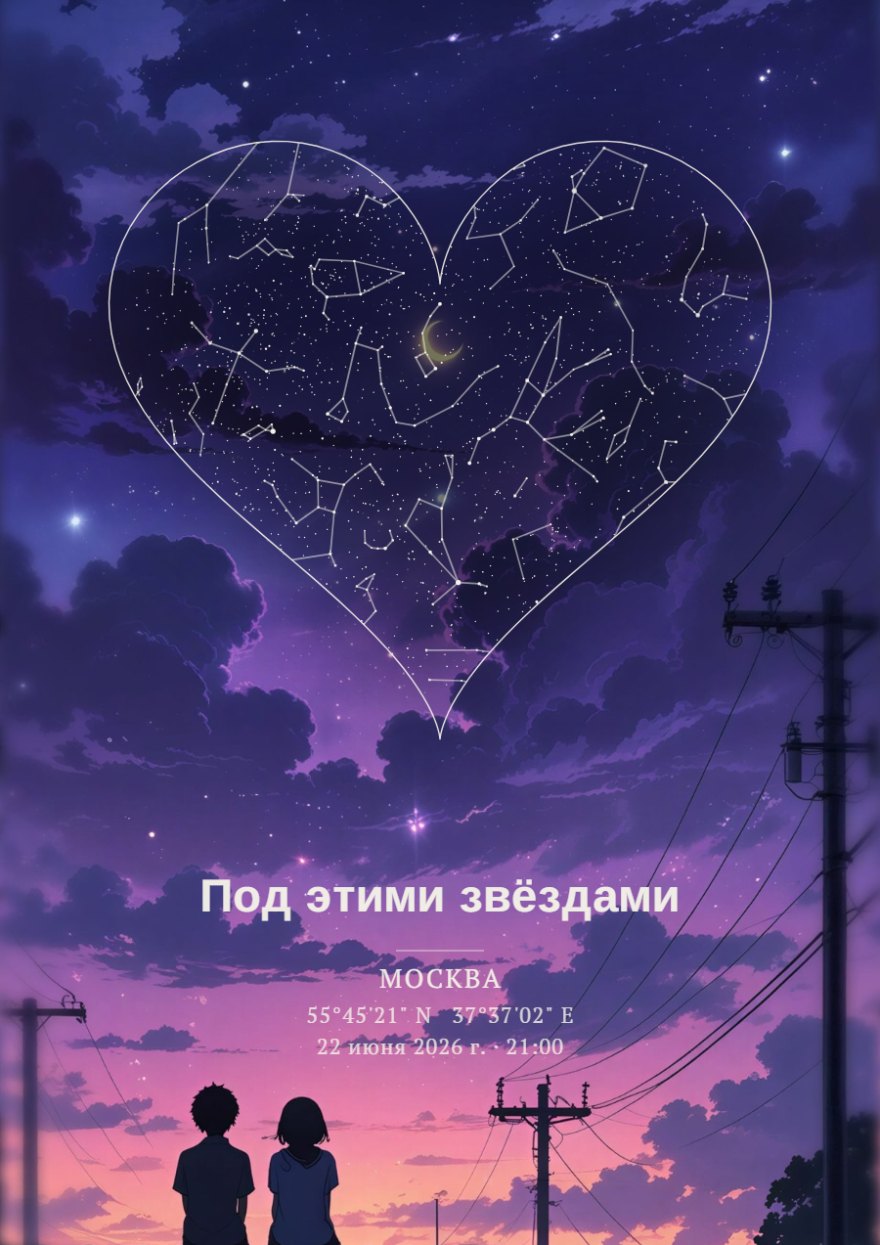Звездная карта в форме сердца на фоне фиолетового аниме-заката с силуэтами влюбленных