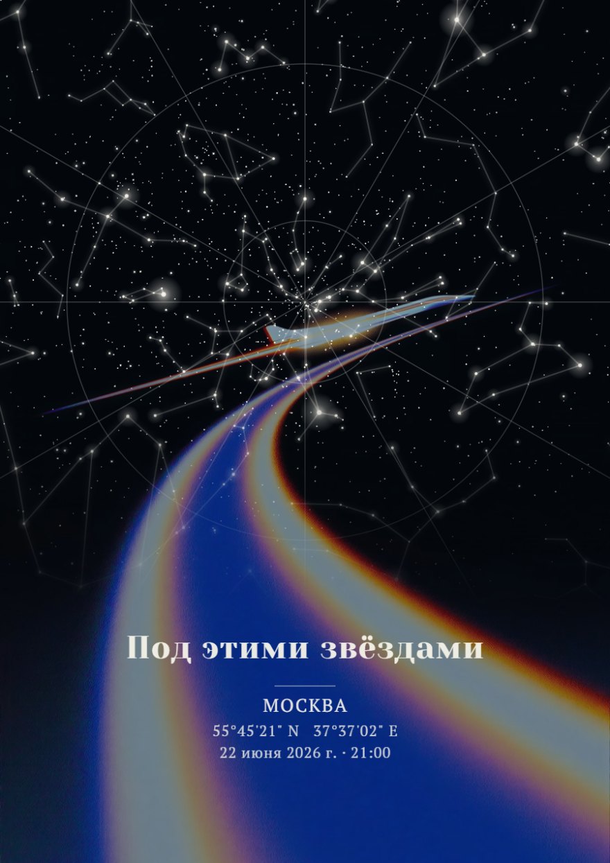 Звездная карта с самолетом и радужным следом на фоне созвездий и координатной сетки
