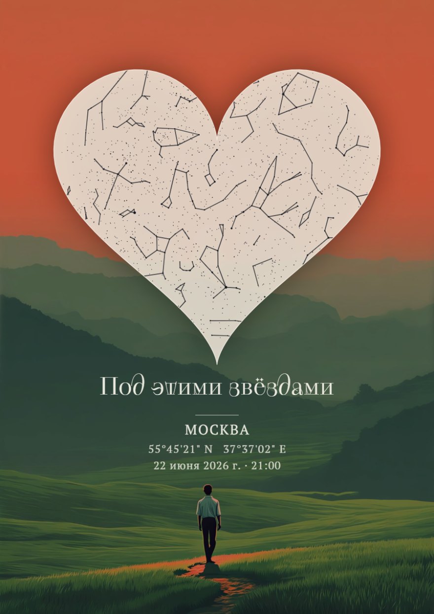 Звёздная карта в форме сердца на фоне пейзажа с зелеными холмами и мужским силуэтом