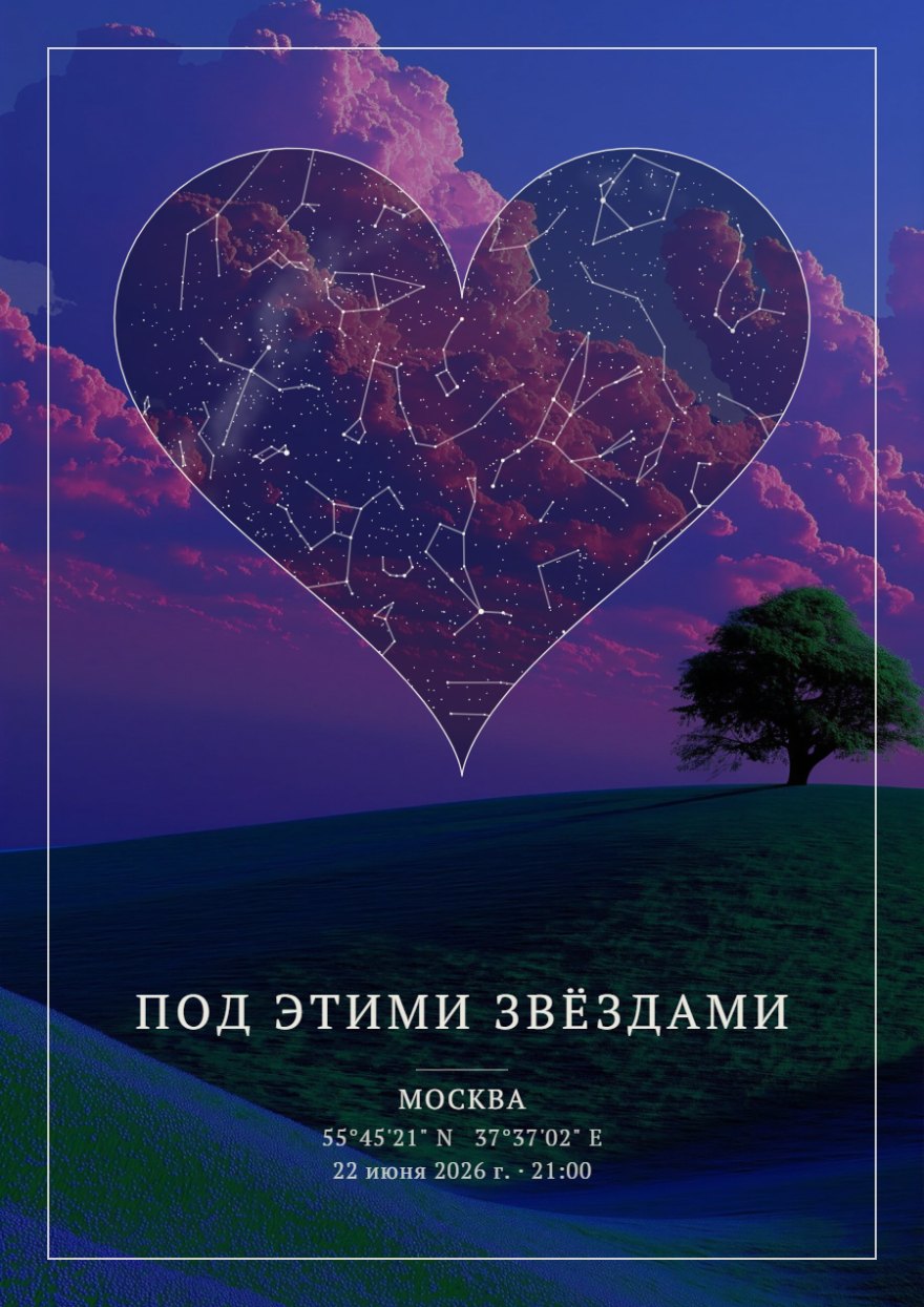 Звёздная карта в форме сердца на фоне фиолетового неба с розовыми облаками и деревом на холме