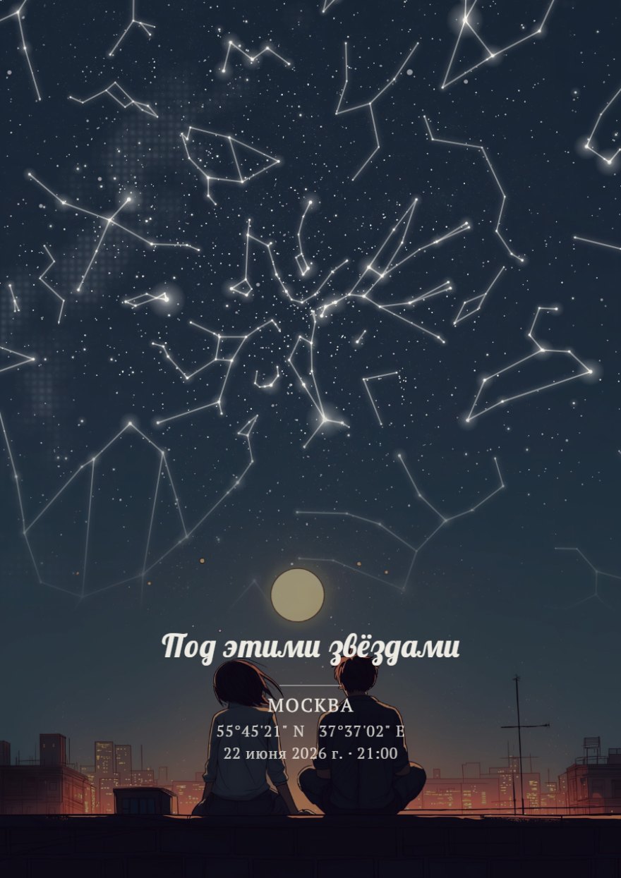 Звёздная карта с парой на крыше ночного города, линии созвездий и Млечный Путь