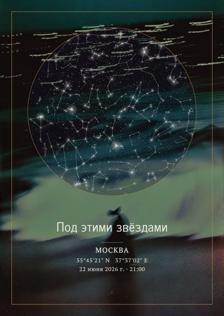 Звездная карта в круге на фоне темно-зеленого ночного моря с созвездиями и подписью