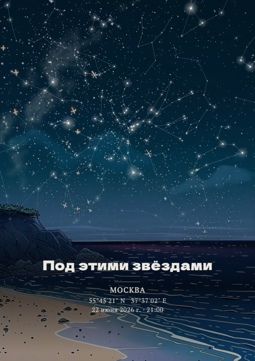 Звёздная карта с пейзажем ночного берега моря, Млечным Путём и созвездиями над горизонтом