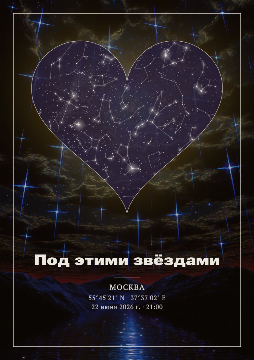 Звёздная карта в форме сердца на фоне ночных гор и облаков с подписью Под этими звёздами