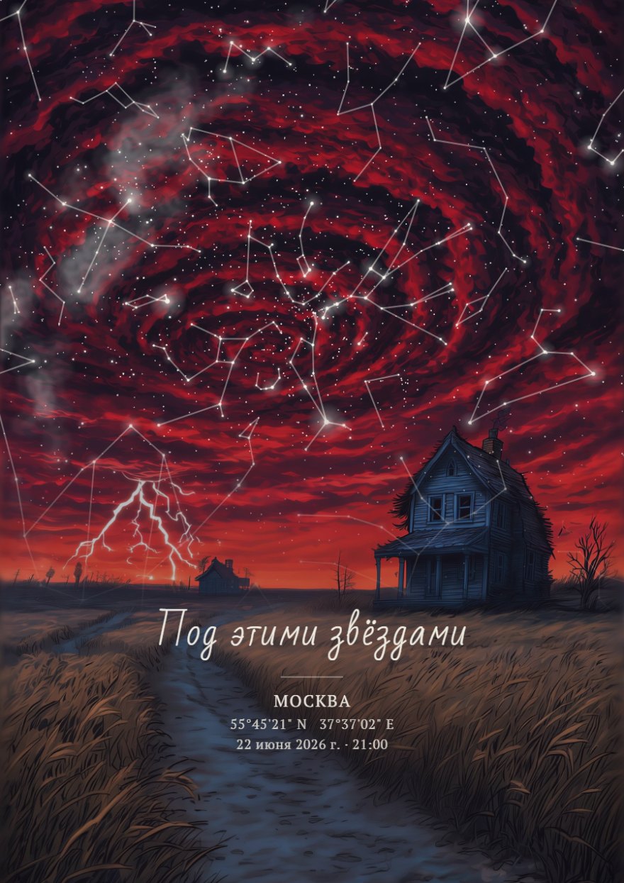 Звёздная карта на фоне красного грозового неба с молнией, созвездиями и Млечным Путём
