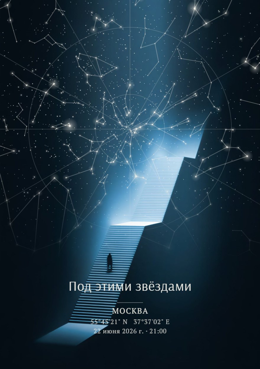 Звёздная карта с лестницей в небо и фигурой человека на тёмно-синем фоне
