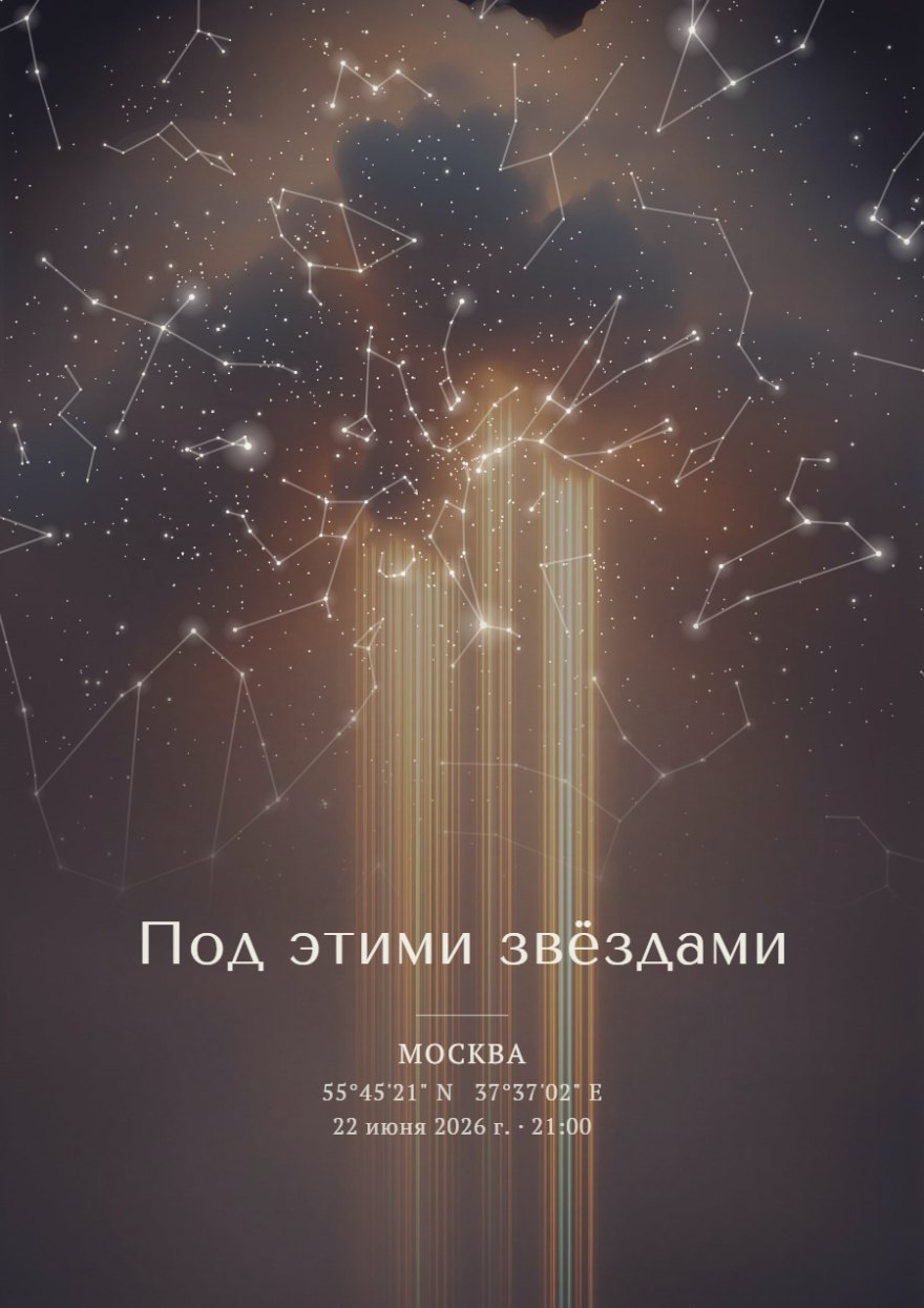Звёздная карта на фоне коричневых облаков и золотистых лучей с линиями созвездий и светящимися звёздами.