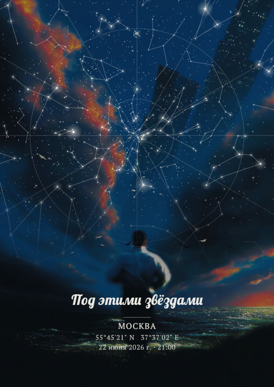 Звёздная карта с фоном океана и заката, белые линии созвездий на тёмно-синем небе