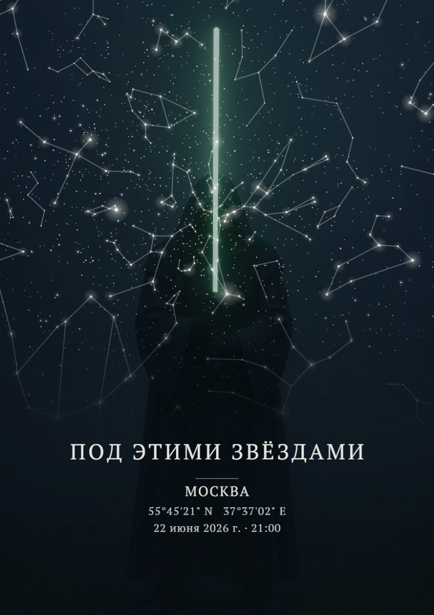 Звёздная карта с силуэтом воина и световым мечом на фоне ночного неба с созвездиями