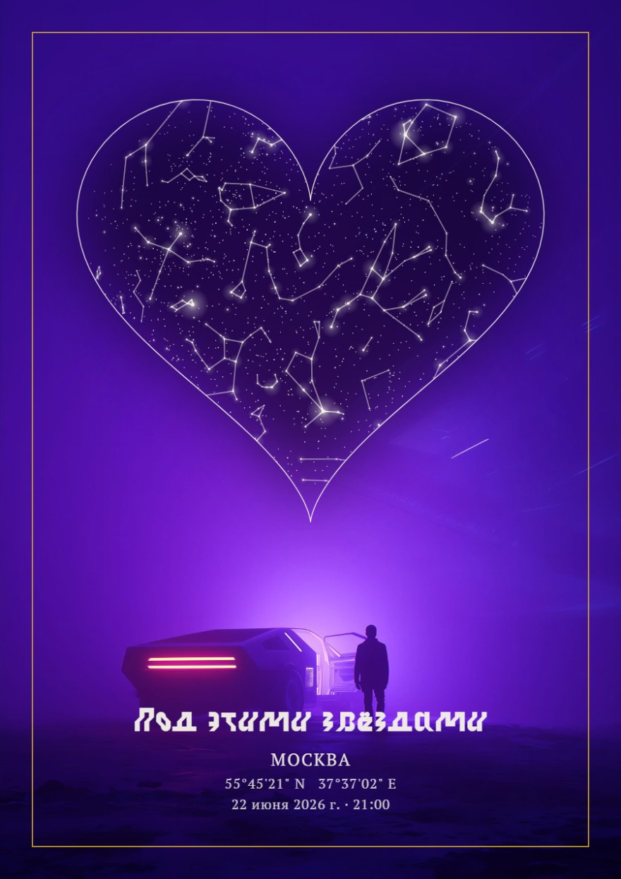Звёздная карта в форме сердца на фиолетовом фоне с неоновым автомобилем и созвездиями