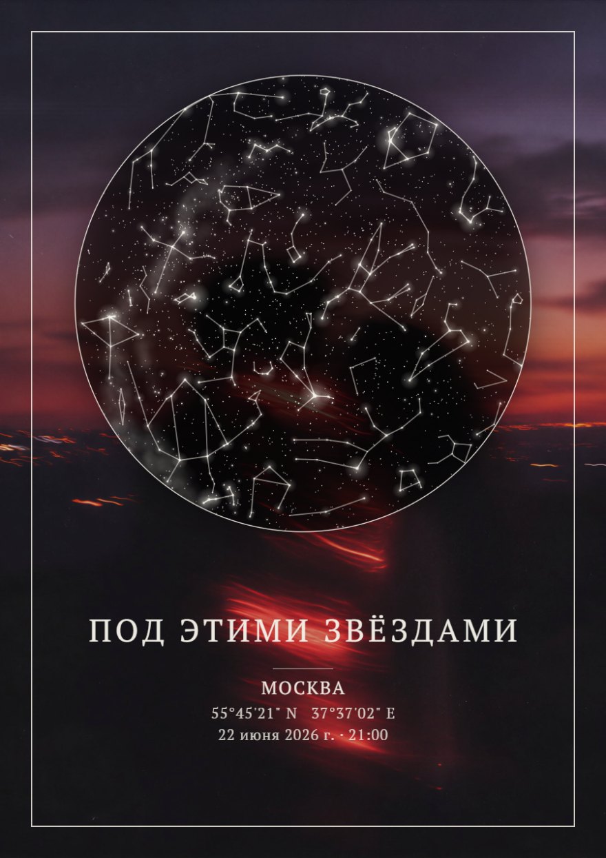 Звездная карта в круге на фоне темно-бордового заката с линиями созвездий и Млечным Путем
