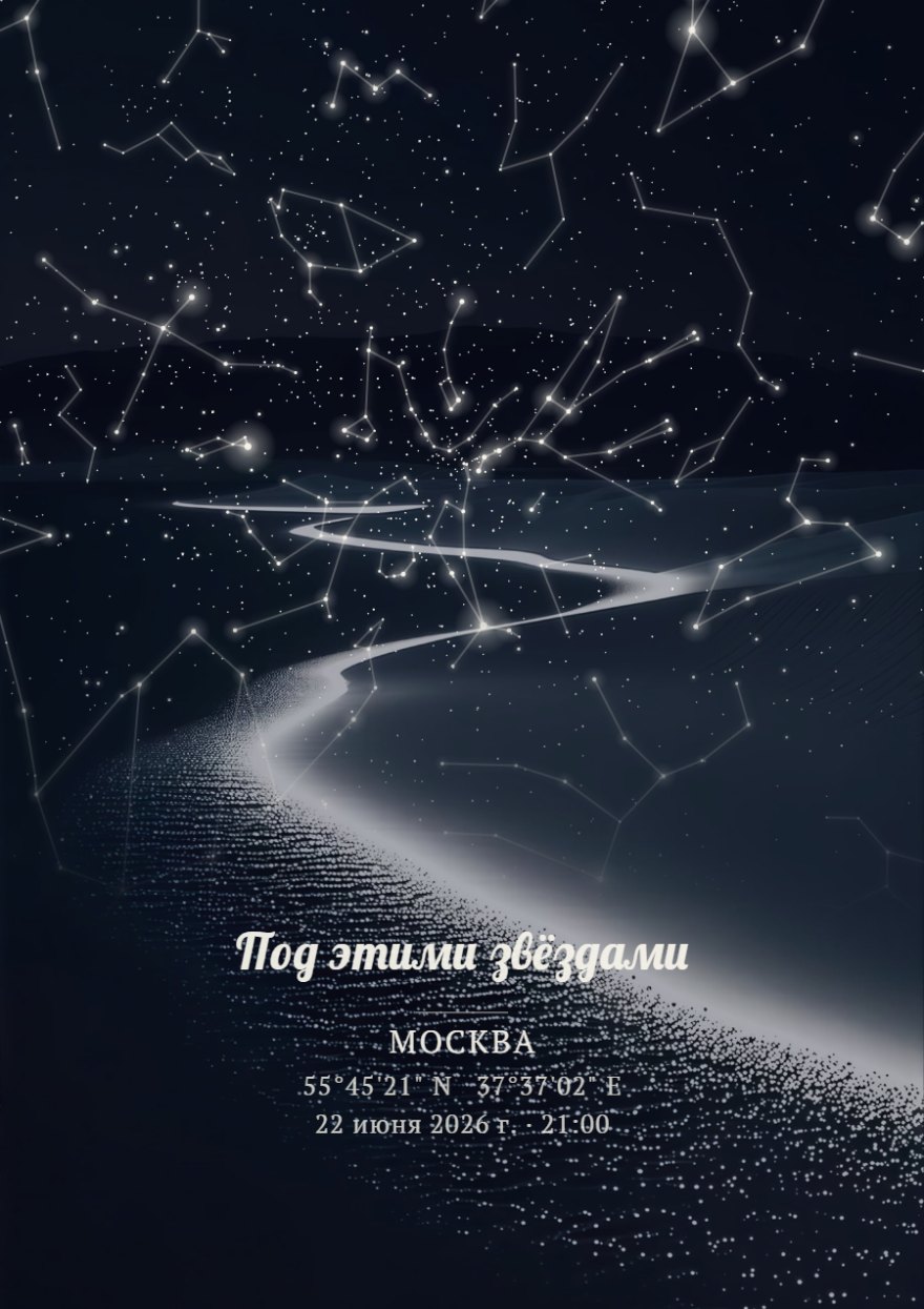 Звёздная карта с изображением ночной реки и яркими созвездиями на тёмно-синем фоне